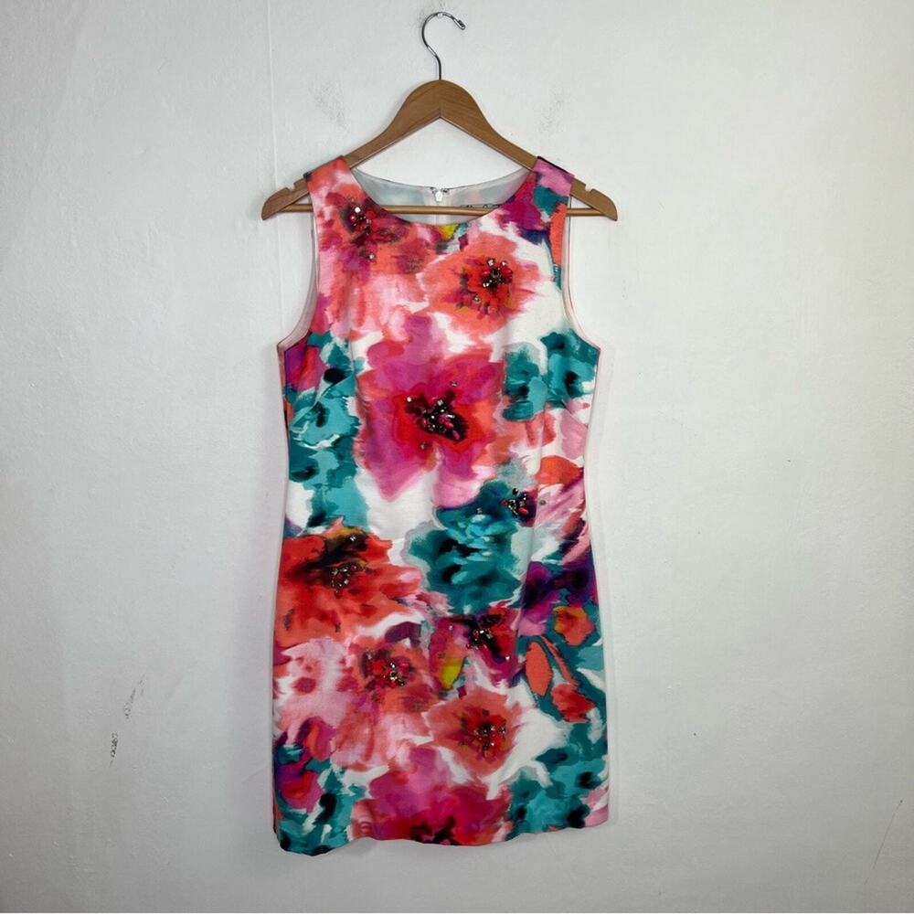 Eliza J Floral Watercolor Jewels Sheath Dress Size 8 or Medium - Picture 15 of 16